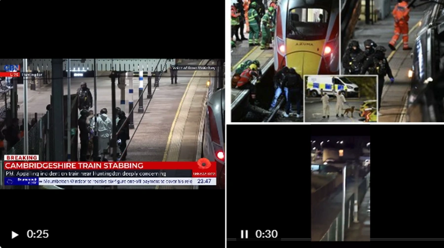 Cuplikan peristiwa penusukan massal di kereta dekat Huntingdon, Sabtu malam (1/11/2025) [Foto: tangkap layar X Vanilla Gorilla]